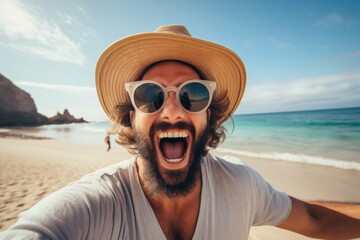 man on the beach wearing hat and sunglasses taking photos - obrazy, fototapety, plakaty