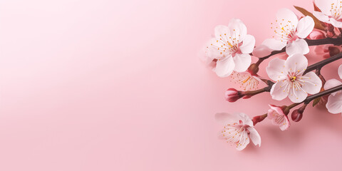 Fototapeta na wymiar Beautiful sakura cherry flowers isolated on pink background, delicate springtime design, copy space