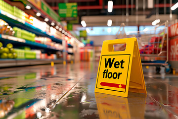 Yellow sign Wet floor. Wet floor in a supermarket. Cleaning company signs