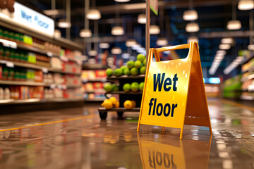Yellow sign Wet floor. Wet floor in a supermarket. Cleaning company signs