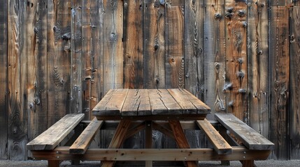 Fototapeta na wymiar A peaceful scene of a picnic table placed in front of a rustic wooden fence