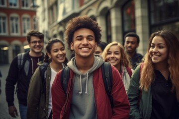 Obraz premium college students with smiling friends in city