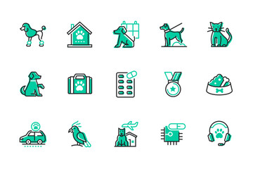 Care and treatment of pets - set of line design style icons isolated on white background. High quality images of dogs, cats and parrots. Specialized food, veterinarian support, medications, rewards