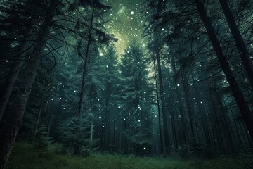 Forest at night with stars - obrazy, fototapety, plakaty