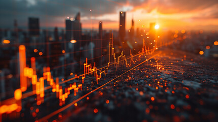 A conceptual visualization shows a financial stock market graph with glowing lines and indicators, superimposed over a blurred city skyline during a vivid sunset. The graphs peaks and troughs suggest 