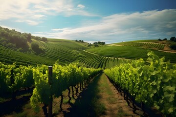 Fototapeta na wymiar Summer Vineyard: Rows of lush grapevines in a sunlit vineyard, capturing the essence of summer and winemaking.