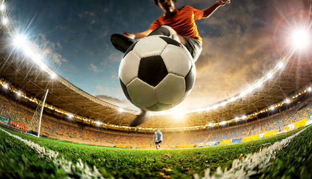 Bottom view of and closeup of a soccer player hitting a soccer ball in a soccer field stadium illuminated for a night match. Generative Ai.