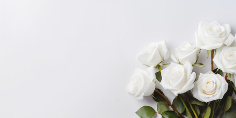 Beautiful white rose bouquet isolated on background, aesthetic romantic wedding design, copy space