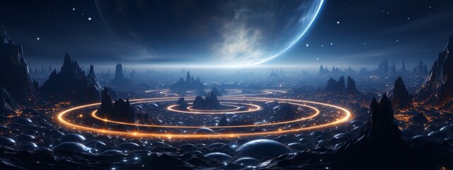 Two interlacing gravitational fields floating in space, featuring a futuristic, luminous, electrical, mechanical