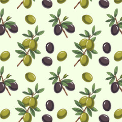 Olives in a color pattern.Vector seamless pattern with multi-colored olives on branches with leaves.