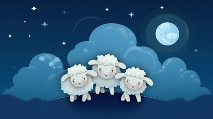 Eid Mubarak for the celebration of Muslim people festival Eid Al Adha. Greeting card with sacrificial sheep and clouds in night background. 3d illustration.