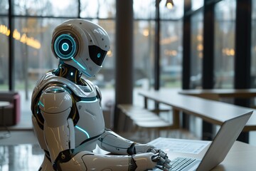 a robot sitting at a table with a laptop - obrazy, fototapety, plakaty