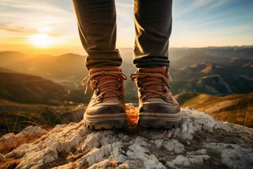 Papier Peint photo Lavable Chocolat brun hiking boots with landscape of rugged mountains in distance