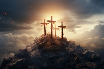 three crosses on a mountain with clouds and sun on the top