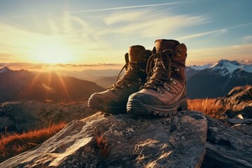 hikers' boots on rocks hiking at sunset - obrazy, fototapety, plakaty