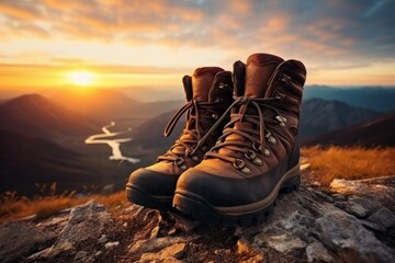 hiking boots at sunset on the mountains - obrazy, fototapety, plakaty