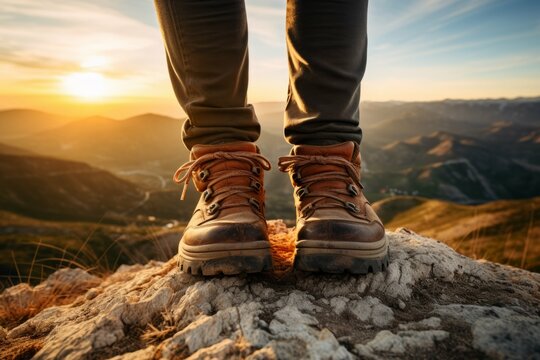 hiking boots with landscape of rugged mountains in distance