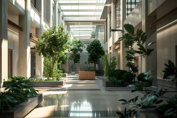 view of a hospital atrium, with cascading natural light, elegant architecture, and greenery, creating a harmonious and uplifting space in 16k cinematic detail.