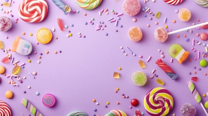 Top View of Colorful Lollipops and Jelly Candies With Sprinkles on a Purple Background Framing Central Copy Space for Sweet Designs