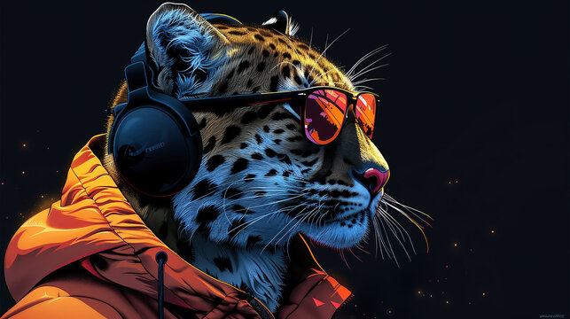 Feline head with sunglasses, men's clothing and psychedelic colors