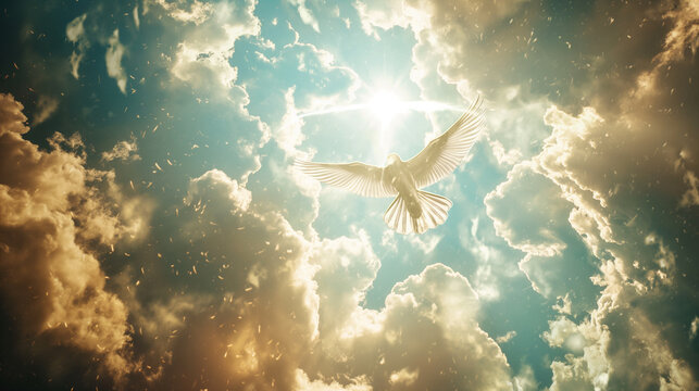 Jesus' baptism by John, depicted with the heavens opening and the Holy Spirit descending as a dove, with copy space