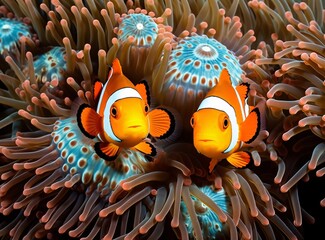 two orange and white fish swimming in anemone