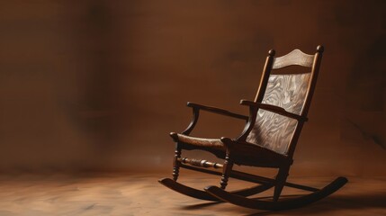 A wooden rocking chair gently sways on a polished wooden floor - obrazy, fototapety, plakaty