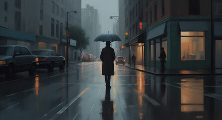 An artist painting a rainy cityscape on a canvas, capturing the mood and ambiance of a wet urban environment