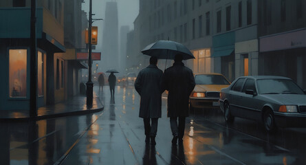 An artist painting a rainy cityscape on a canvas, capturing the mood and ambiance of a wet urban environment