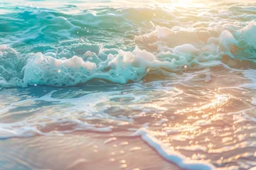 Foto op Canvas Beautiful background image with natural flowing transparent sea turquoise water of surf, with white foam backlit by rays of sun. © Straxer
