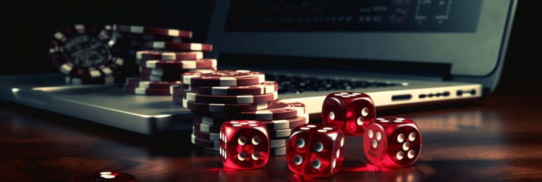 Stack of casino chips and dice on laptop keyboard, gambling banner, online casino concept