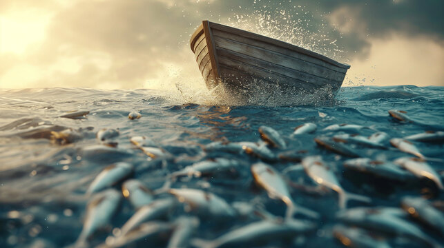 The miraculous catch of fish, showing Peter's boat overflowing with fish after heeding Jesus' command, symbolizing abundance and faith, with copy space