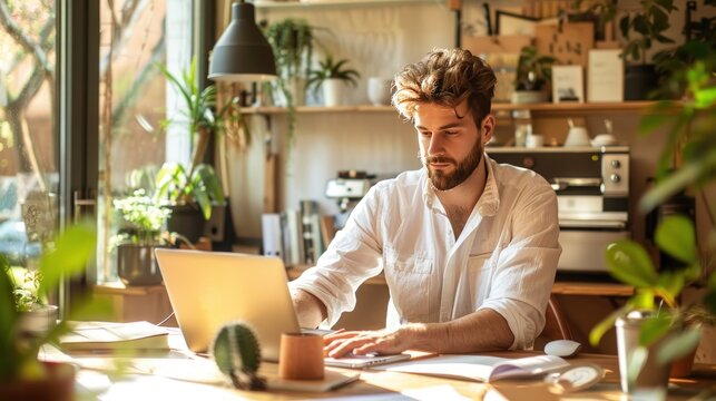 A Man In Front Of A Laptop Is Thinking About His Creative Ideas. Generate AI Image