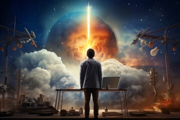 small business startup man standing in front of laptop with rocket