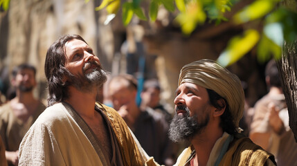 Jesus and Zacchaeus, showing Jesus looking up to Zacchaeus in the sycamore tree, ready to share a meal, emphasizing acceptance and transformation, set in the bustling streets of Je