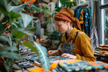 Artisan fashion design studio with tailors at work. Creative textile and clothing workshop scene