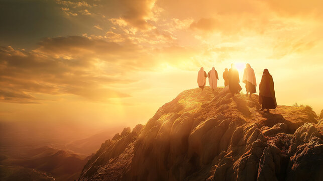 Jesus' triumphant resurrection appearance to His disciples on a mountain in Galilee, portrayed with a majestic backdrop, symbolizing His authority over heaven and earth, with copy