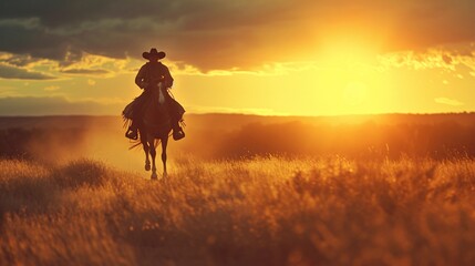 a man riding a horse in a field with a sunset - obrazy, fototapety, plakaty
