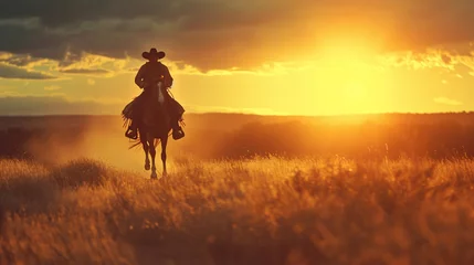 Foto op Plexiglas a man riding a horse in a field with a sunset © Tatiana