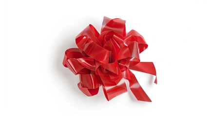 Red gift bow isolated on white background with clipping path. Top view.