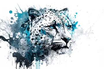 Foto op Canvas An artistic, color, realistic portrait of a snow leopard with abstract strokes on a white background. This is a illustration ideal for a baner or T-shirt graphic. Generative AI © Yaroslav