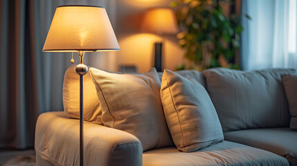 A lavish sofa adorned with plush pillows and a stylish lamp, creating a cozy corner in a chic living room. 