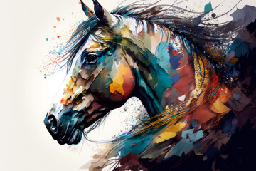 An artistic, color, realistic portrait of a horse with abstract strokes on a white background. This is a illustration ideal for a baner or T-shirt graphic. Generative AI