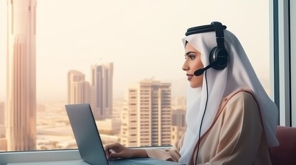 Woman Wearing Headphones Using Laptop - obrazy, fototapety, plakaty