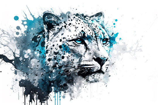 An artistic, color, realistic portrait of a snow leopard with abstract strokes on a white background. This is a illustration ideal for a baner or T-shirt graphic. Generative AI