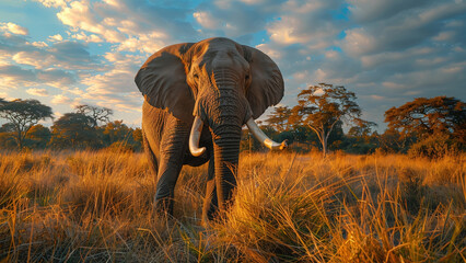 Obraz premium African Elephant Photography: Capturing the Majestic Beauty in the Savanna Forest at Evening Light