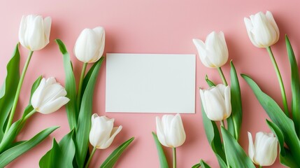 White Tulips with Blank Card on Pink Background