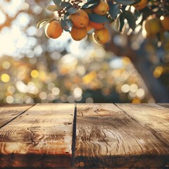 Banner with empty old wooden table. Blurred background with flowers and fruit trees, with sun rays.