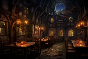 Fototapeta na wymiar dining room in a fantasy town with a candlelit window