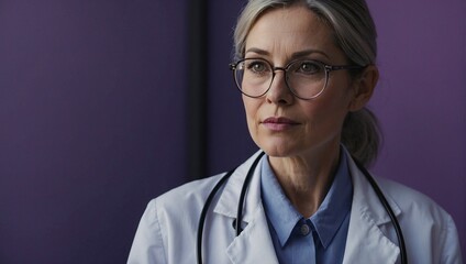 Experienced Male Doctor in Glasses with Stethoscope Over Purple Background
